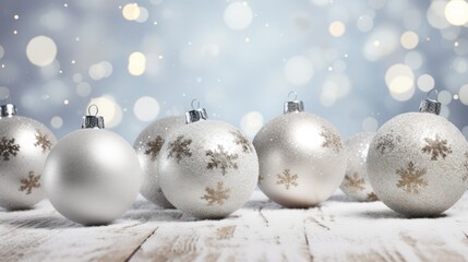 Fototapeta na wymiar Festive Winter Dreams: enchanting visuals featuring silver Christmas ornaments amid a scenic snowy landscape