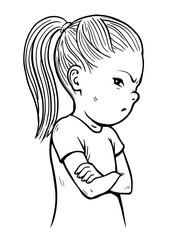 Offended little girl. Stubborn pose. Dissatisfied child. conflict and communication difficulties. Cartoon vector illustration black and white. Hand drawn sketch line