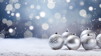 Fototapeta na wymiar Festive Winter Dreams: enchanting visuals featuring silver Christmas ornaments amid a scenic snowy landscape