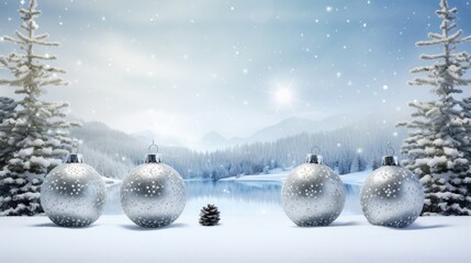 Festive Winter Dreams: enchanting visuals featuring silver Christmas ornaments amid a scenic snowy...