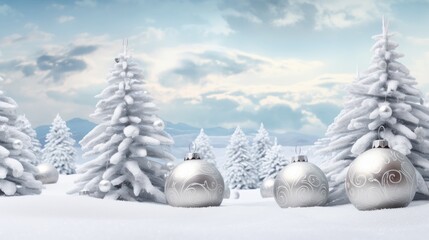 Festive Winter Dreams: enchanting visuals featuring silver Christmas ornaments amid a scenic snowy landscape
