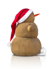 profile of a snowman wearing a red Santa Claus Christmas hat on sand skis. Christmas and New Year in southern countries on vacation.