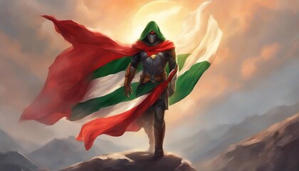 A man holds a Palestinian flag in front of a Al Aqsa Mosque. Superhero or Warrior wearing a Palestine Flag to save the Gaza.