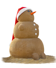 A beautiful, creative snowman made of sand wearing a red Santa Claus Christmas hat. Christmas and New Year in southern countries on vacation.