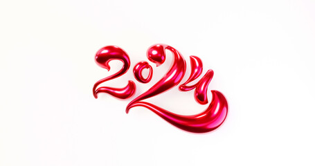New year 2024 Red Metallic Glossy 3d rendering Hand Drawn Calligraphic Numbers. Modern Trendy Festive 3D Lettering.