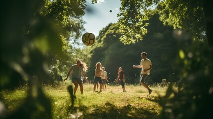 a group of adults playing ball under the lush trees in a rural setting  - obrazy, fototapety, plakaty