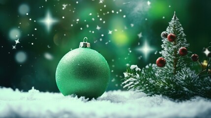 Blinking Winter Wonderland:  Green Christmas Background with Snow and Greeting Card for New Year...