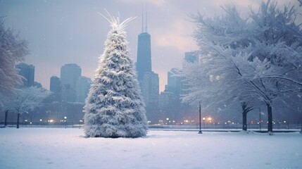 Chicago Christmas Tree amidst a Snowy Downtown Skyline with Glittering Skyscrapers and Business...