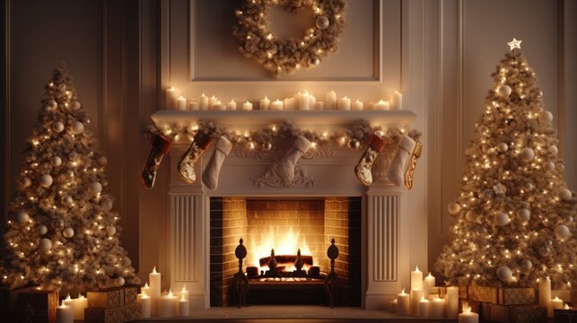 Cozy Christmas Room featuring Fireplace Mantel,  Tree and LED Lighting