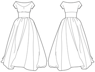 Women A line bridal dress design flat sketch fashion illustration with front and back view, Short sleeve Round neck bridal dress flat sketch cad drawing template. Flared pleated skirt wedding dress