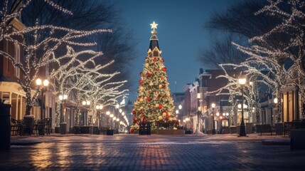 Fototapeta na wymiar Cozy Gettysburg Christmas: Historic Town Square Glitters with Lit Holiday Tree at Night for Winter Tourism Image
