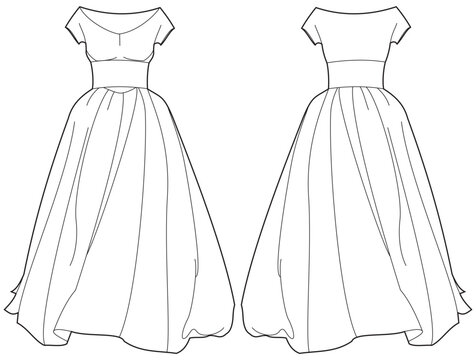 Women A line bridal dress design flat sketch fashion illustration with front and back view, Short sleeve Round neck bridal dress flat sketch cad drawing template. Flared pleated skirt wedding dress