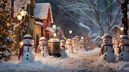 Funny snowmen in a small village at Christmas