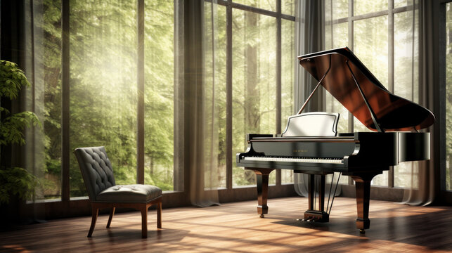 Living room with grand piano and large window with bright daylight coming entering room.