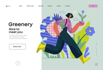Greenery, ecology -modern flat vector concept illustration of a woman running with a eco bag and a flower in the pot. Metaphor of environmental sustainability and protection, closeness to nature
