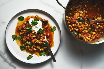 Chickpeas Tagine. savory Moroccan stew with tender chickpeas simmered in aromatic spices, tomatoes...