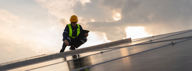 Techniques checking solar cell on the roof for maintenance. Service engineer worker install solar...