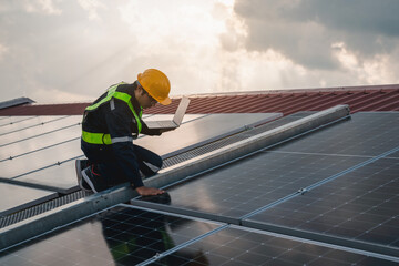 Techniques checking solar cell on the roof for maintenance. Service engineer worker install solar panel. Clean energy concept..