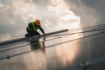 Techniques checking solar cell on the roof for maintenance. Service engineer worker install solar panel. Clean energy concept..