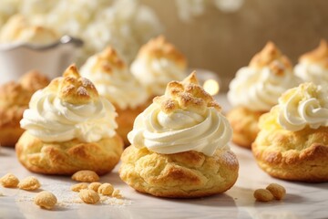 Cream Puff Day Dessert Delight Serenity, Cream puff for Birthday Parties, Weddings, Baby Showers, Halloween, Christmas, Valentine's Day, Easter and Fourth of July - obrazy, fototapety, plakaty