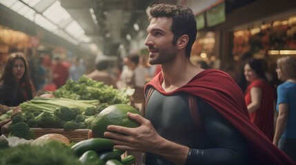 A male superhero shopping for vegetables at a traditional market