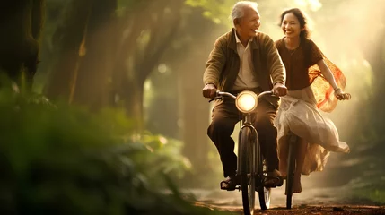 Poster an elderly couple riding a bike through the woods © Ahmad