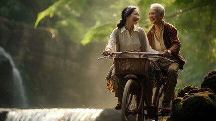 Fototapeta na wymiar an elderly couple riding a bike through the woods