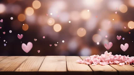 Fotobehang Empty wooden table with defocused bokeh hearts and rounds in pink and red colors, template with heart symbols, a mockup scene for Valentine's Day, anniversaries, and other heartfelt occasions. © Maria Shchipakina
