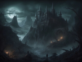 dark and mysterious fantasy realm with sinister castles - obrazy, fototapety, plakaty