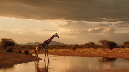 Alone South African giraffe, Giraffa giraffa, drinking from waterhole against dramatic sky. 