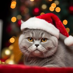 British cat wearing a Santa Claus hat against a background of Christmas tree lights. New Year's holiday.
