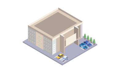 Isometric Supermarket Building with Car Parking. City Shopping Mall Building.on white background.3D design.isometric vector design Illustration.