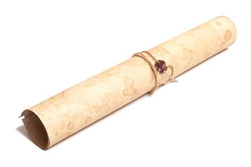 Scroll of vintage paper with sealing wax isolated on white