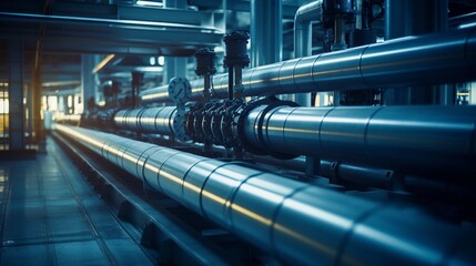 Fototapeta premium Steel pipes with valves, transportation of chemical fluids, energy industry