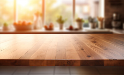 Empty brown wooden table and blur background. Created with Generative AI