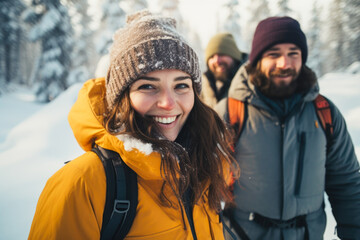 Fototapeta na wymiar Traveling friends smiling in the snow exploring the mountain