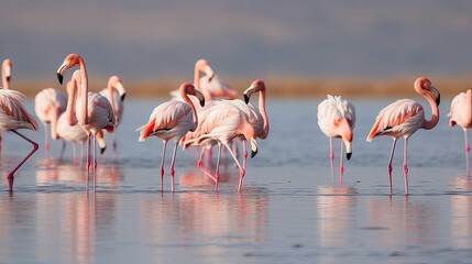  flamingos in small groups in the lagoon of Walvis Bay, Namibia