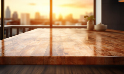 Empty brown wooden table and blur background. Created with Generative AI