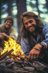 Obraz premium Travelers smiling and campers making fire