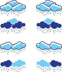 Vector icons set of hand drawn cartoon cloud, rain, snow, clouds isolated on white background. Cute weather characters illustration