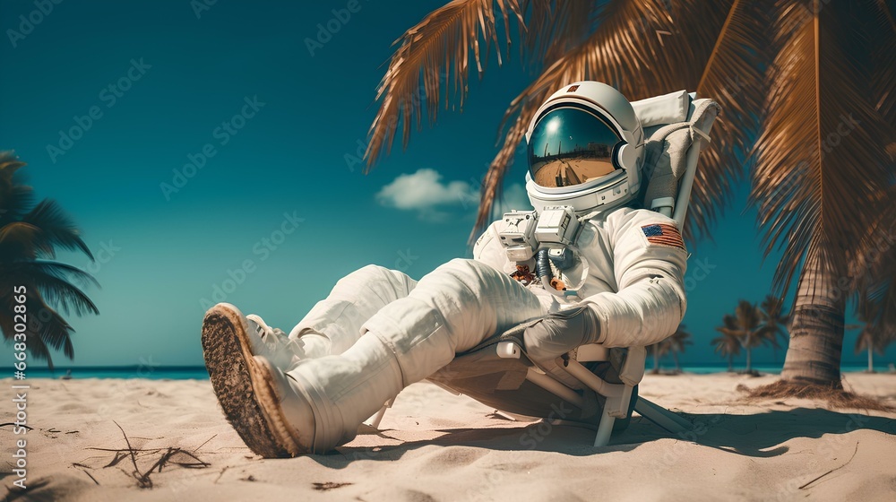 Wall mural an astronaut relaxing on the beach against the backdrop of coconut trees and beach sand