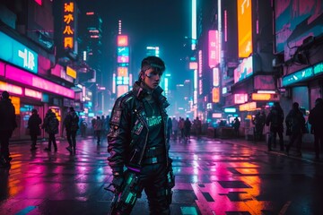 A Bustling Futuristic City Under Neon Light Streets With Cyberpunk Character.