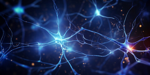 Neuron cells neural network under microscope neuro research science brain signal information transfer human neurology mind mental impulse biology anatomy microbiology intelligence connection system.  - obrazy, fototapety, plakaty