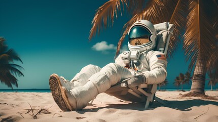 an astronaut relaxing on the beach against the backdrop of coconut trees and beach sand - obrazy, fototapety, plakaty