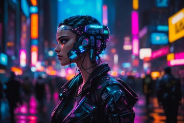 Fototapeta na wymiar Futuristic City Under Neon-lit Streets With Modern Woman Portrait. Cyberpunk Futuristic Woman in Near Future.