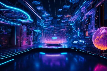 Futuristic Digital Center. Data Flow in a Sci-Fi World. Future Data Center. High-tech Internet Data Center Room With Rows of Racks and Optic Cables with Network and Server Hardware.