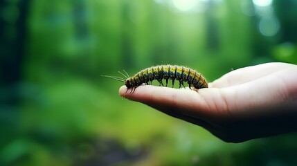 caterpillar animal walking on human hand with forest background