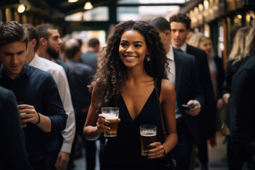 Smiling young woman holding two glasses of beer in her hands and walking to bar surrounded by people