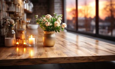 Empty brown wooden table and blur background. Created with Generative AI