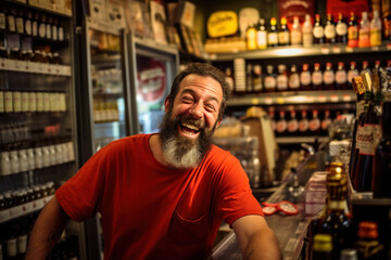 Positive smiling man with a beard Bartender against the background of various bottles in the bar
